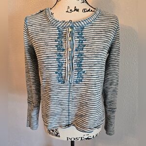 Sundance Cabin Cozy Up Henley Striped Embroidered Thermal Top Grey/Teal Size M
